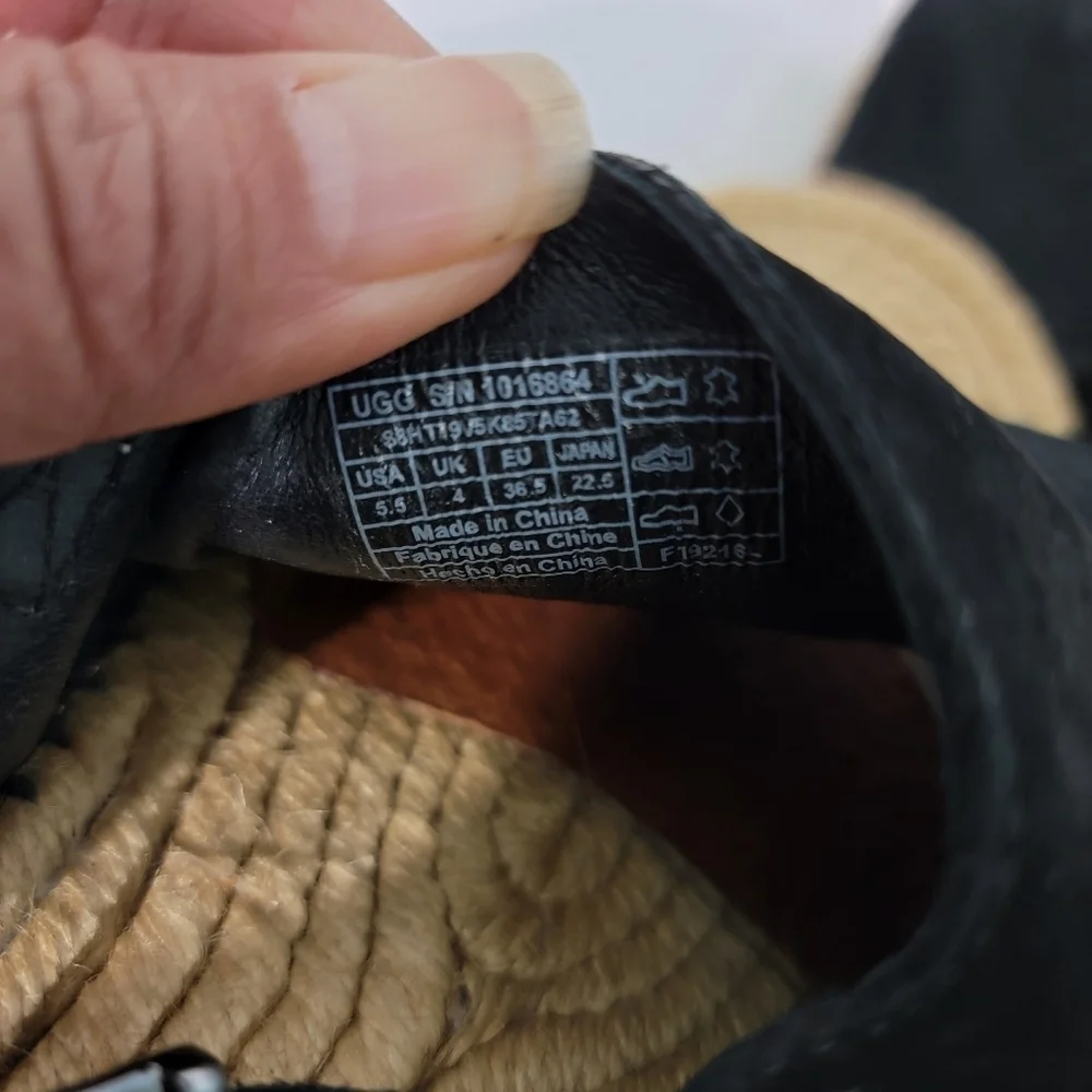UGG Isadora Black Leather Snakeskin Slink Back Espadrille Sandals Women Sz 5.5